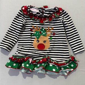 Jessica Ann Festive Christmas Reindeer Striped Infant Dress Casual Holiday Girls